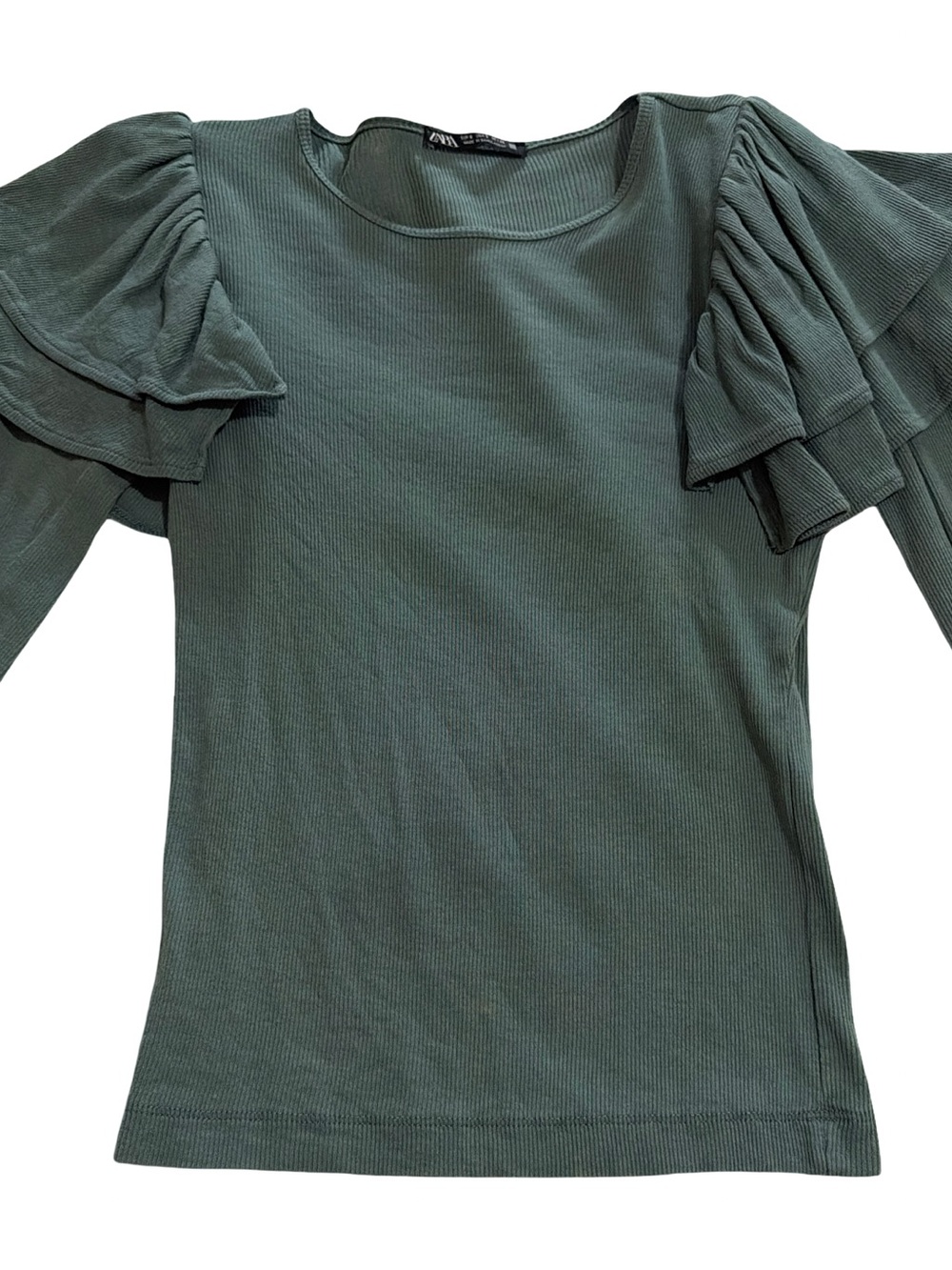 Zara Olive Green Ruffle Sleeve Ribbed Top